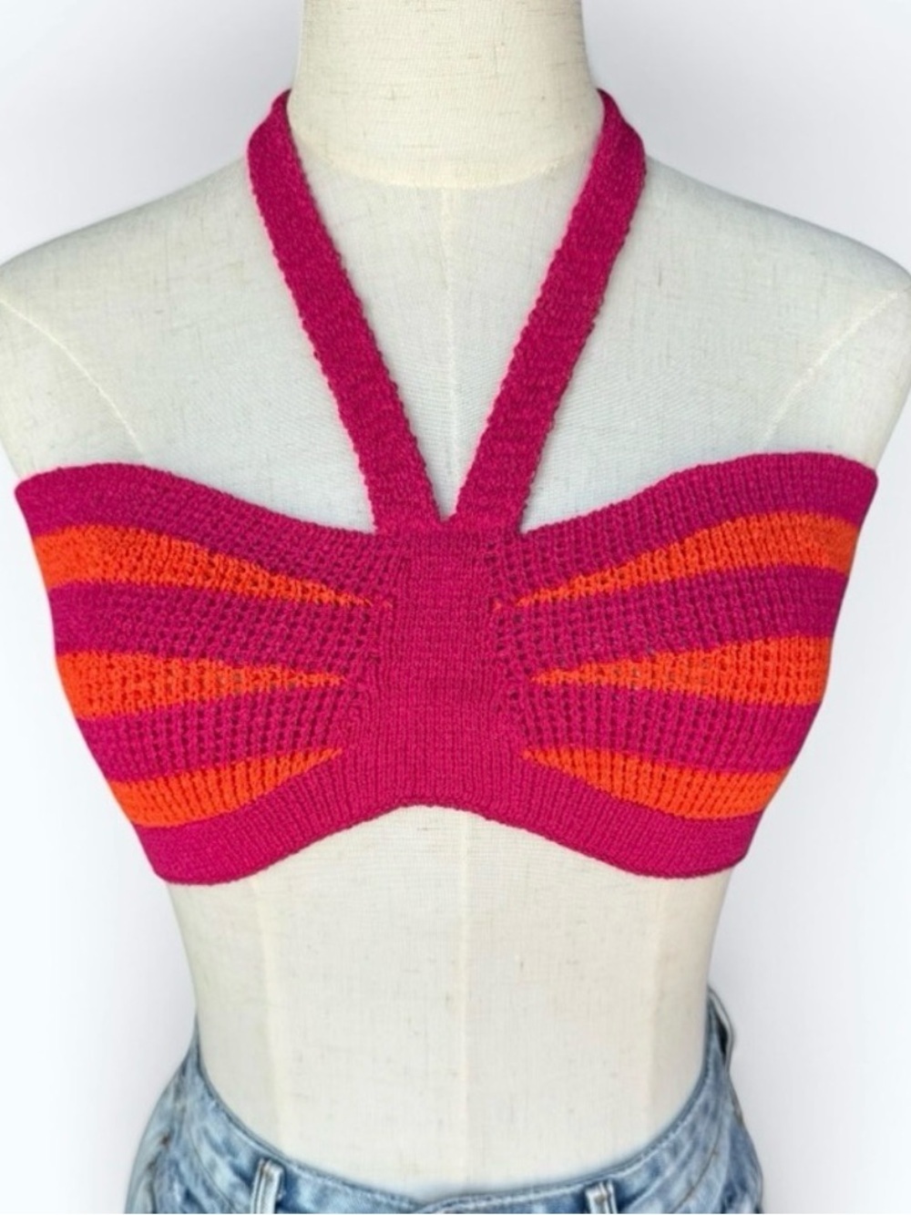 Sonia Rykiel Paris Knit Halter Crop Top Striped Fuchsia Orange Size 8 NWT